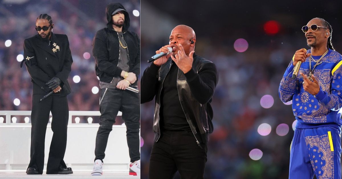 From left to right Kendrick Lamar, Eminem, Dr. Dre, and Snoop Dogg perform at the Super Bowl 2 LVI