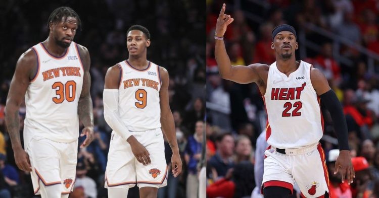 Miami Heat Jimmy Butler and New York Knicks' Julius Randle and RJ Barrett on the court