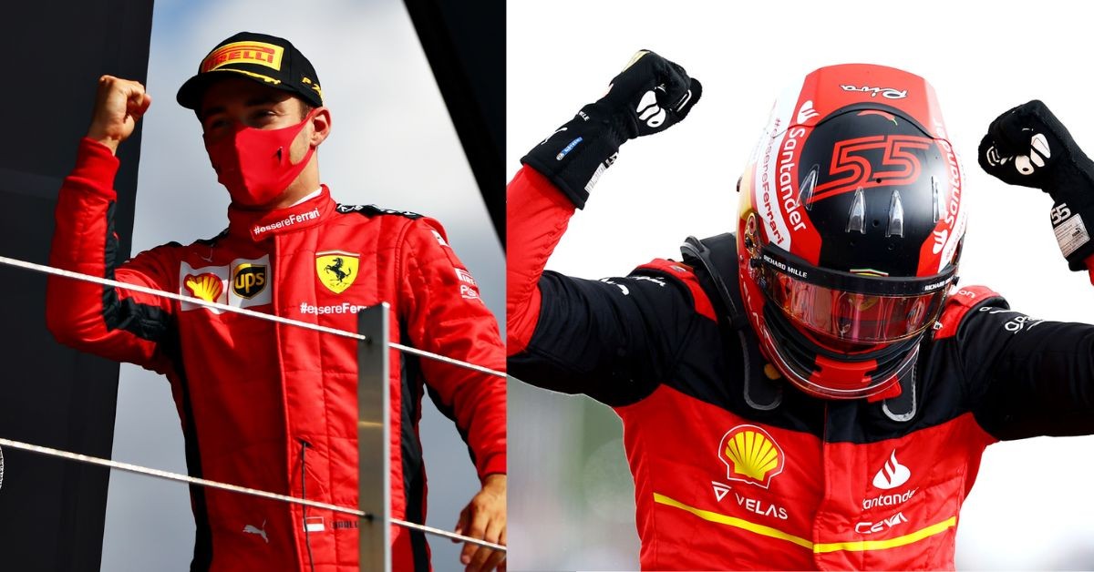 Charles Leclerc on podium at Silverstone (left), Carlos Sainz celebrating his first win at Silverstone(right) (Credit-F1)