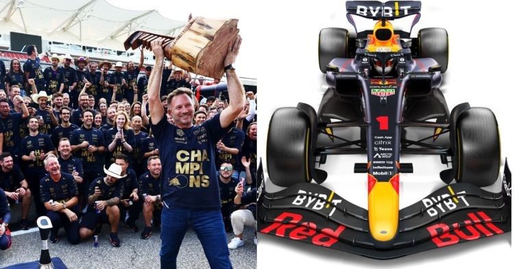 Red Bull team celebrating their 2022 Constructors' Title (left), RB 18 (right) (Credit - F1 , The Cars)