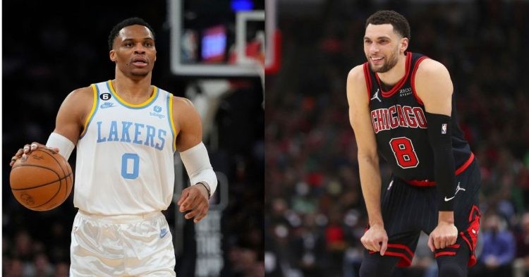 Los Angeles Lakers' Russell Westbrook and Chicago Bulls' Zach LaVine on the court