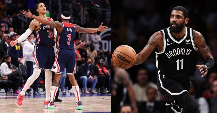 Brooklyn Nets' Kyrie Irving and Washington Wizards' Kyle Kuzma and Bradley Beal on the court