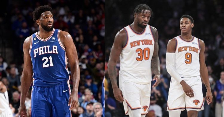 Philadelphia 76ers' Joel Embiid and New York Knicks' Julius Randle and RJ Barrett on the court