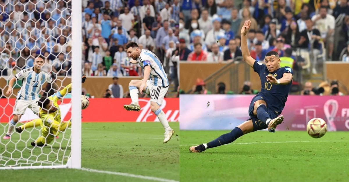 Lionel Messi scoring Argentina's third goal (left) Kylian Mbappe scored his second goal in the World Cup 2022 final
