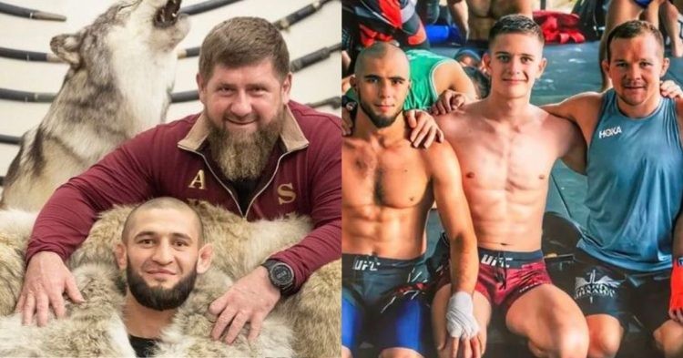 Ramzan Kadyrov with Khamzat Chimaev (left) and Ali Kadyrov with Muhammad Mokaev and Petr Yan (right)