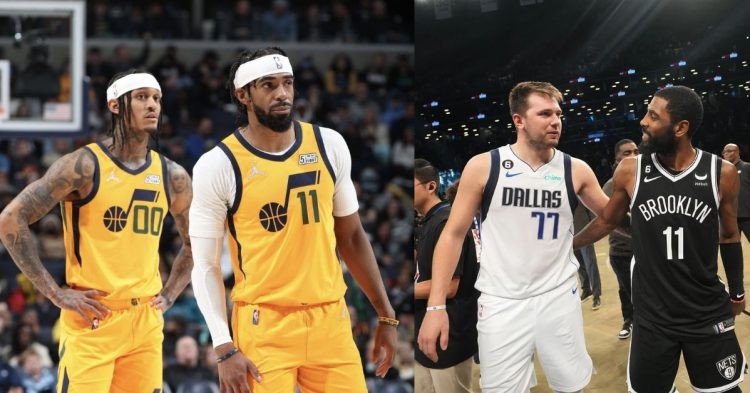 Dallas Mavericks' Luka Doncic with Kyrie Irving and Utah Jazz's Jordan Clarkson and Mike Conley on the court