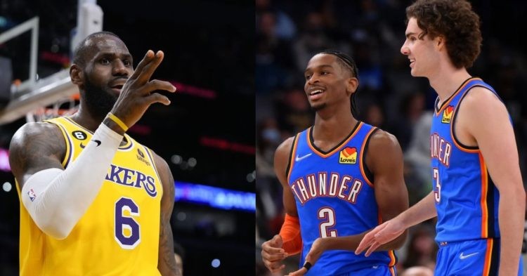 Los Angeles Lakers' LeBron James and Oklahoma City Thunder's Shai Gilgeous-Alexander and Josh Giddey on the court