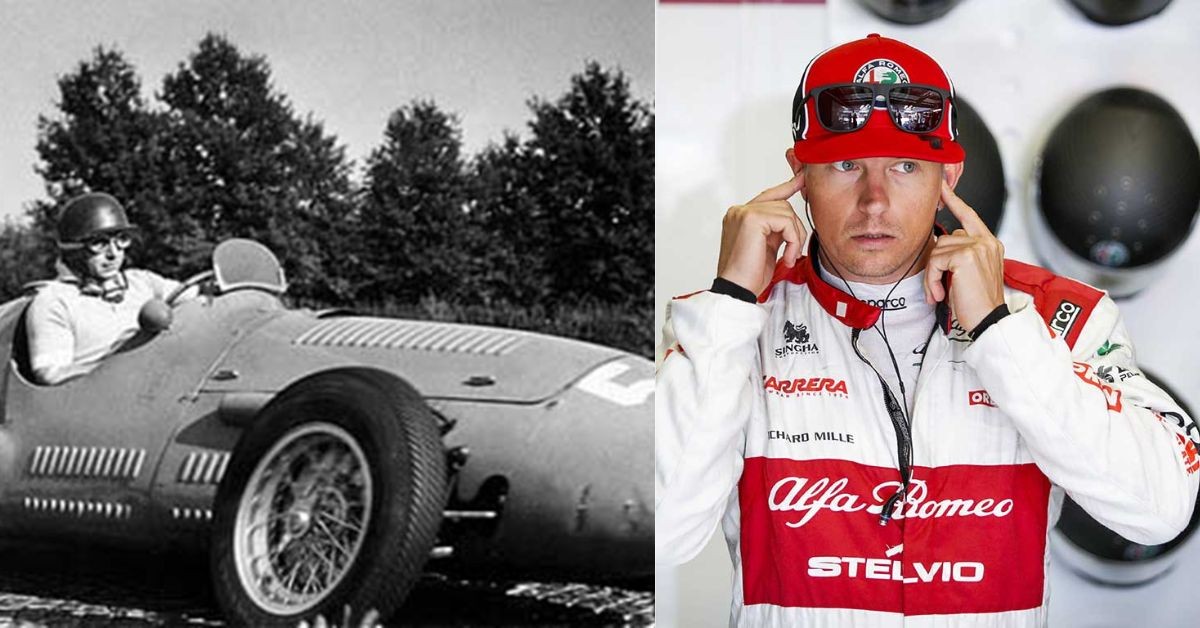 Juan Manuel Fangio (left) , Kimi Raikkonen in Alfa Romeo racing suit in 2020 (right) (Credit- Formula 1, PlanetF1)