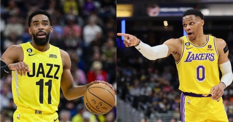 Los Angeles Lakers' Russell Westbrook and Utah Jazz's Mike Conley Jr on the court
