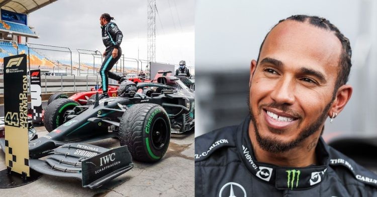 Lewis Hamilton on the car after the Turkish Grand Prix (left) , Lewis Hamilton (right) (Credit- PlanetF1, The Telegraph)