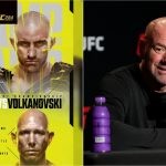 UFC 284 fight poster (left) and Dana White with a mic (right)