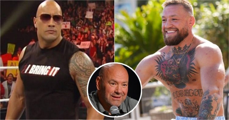 Dwayne Johnson (left), Conor McGregor (right), and Dana White (middle)
