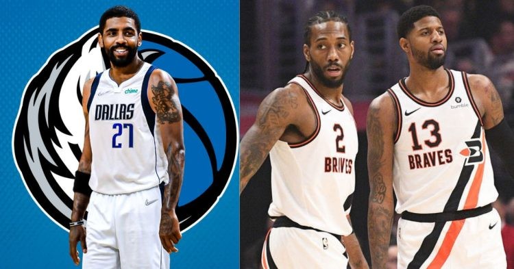 Dallas Mavericks' Kyrie Irving and Los Angeles Clippers' Kawhi Leonard and Paul George on the court