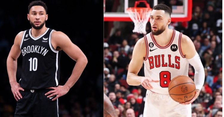 Brooklyn Nets' Ben Simmons and Chicago Bulls' Zach LaVine on the court