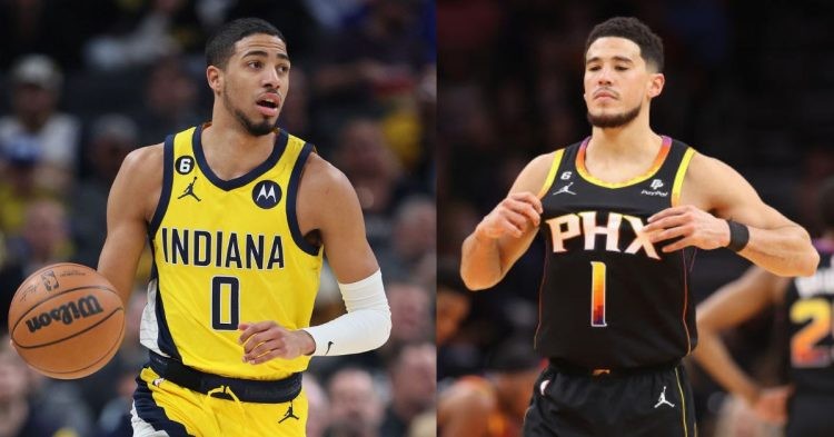 Phoenix Suns' Devin Booker and Indiana Pacers' Tyrese Haliburton on the court