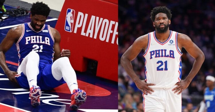 2023 NBA All-Star game replacement starter Joel Embiid on the court and injured