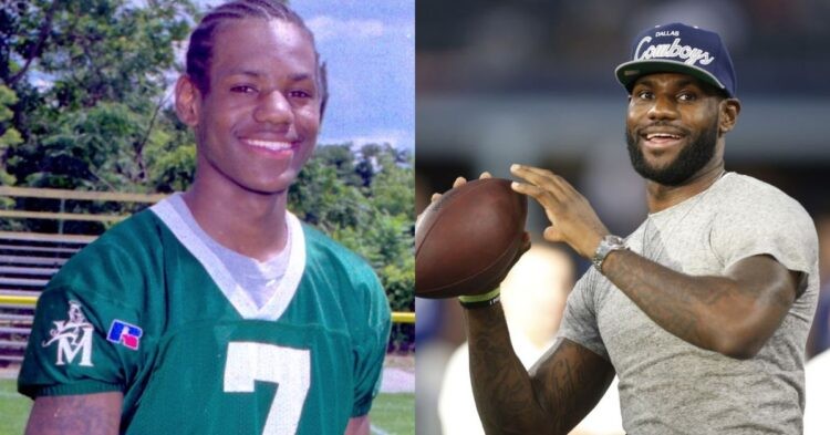 LeBron James plays football in high school and throwing a football