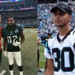 Stephen Curry at Super Bowl LII and wearing a Panthers jersey