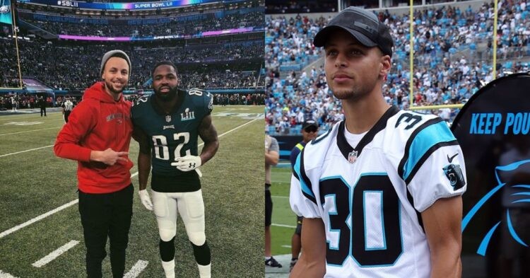 Stephen Curry at Super Bowl LII and wearing a Panthers jersey