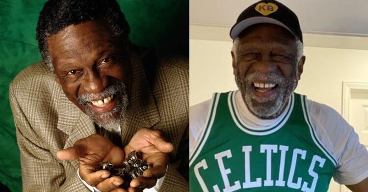 NBA legend Bill Russell wearing a Boston Celtics jersey and with his championship rings