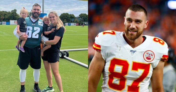 Jason Kelce and Kylie Kelce with their kids (left) and Travis Kelce (right)