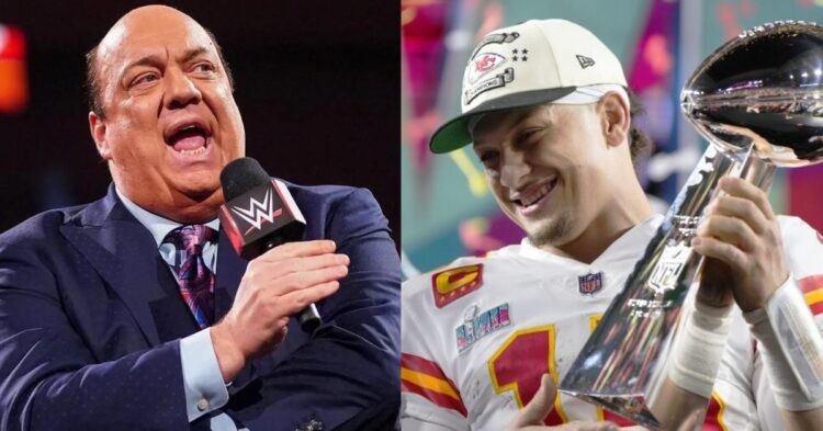 Paul Heyman (left) and Patrick Mahomes with the Super Bowl (right)