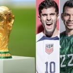 World Cup trophy and Christian Pulisic, Hirving Lozano & Alphonso Davies.