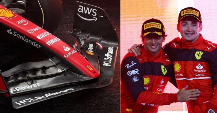 Ferrari SF-23 (left) , Carlos Sainz and Charles Leclerc on podium after Bahrain Grand Prix 2022 (right) (Credit- Twitter, F1)