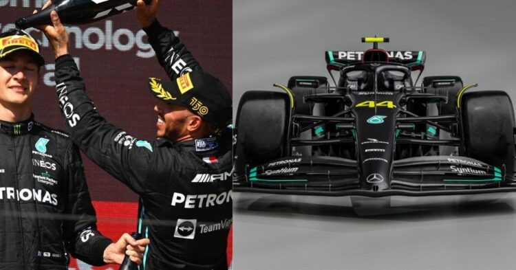 Lewis Hamilton and George Russell at the podium after Bahrain Grand Prix 2022 (left) , Mercedes W14 (Credit- Daily Express , PlanetF1)