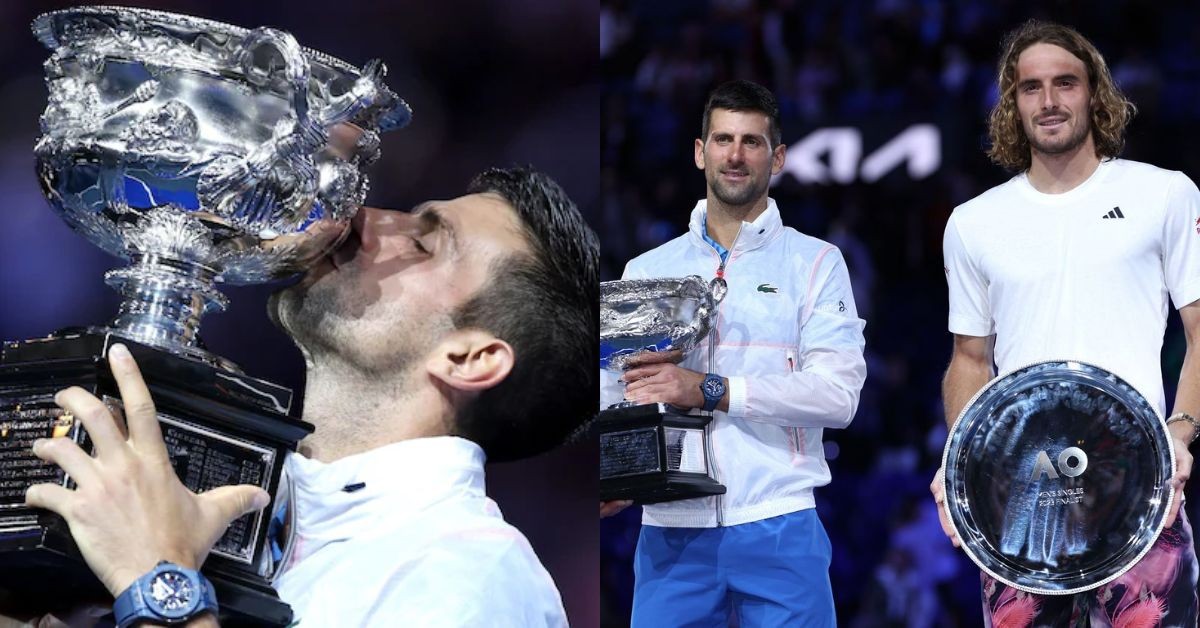 Novak Djokovic with his record 10th Australian Open title alongside runner-up Stefanos Tsitsipas (Credit: The Guardian)
