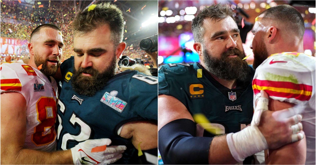 Travis Kelce with Jason Kelce after Super Bowl 2023