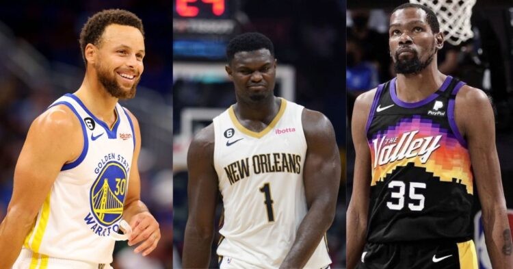 2023 NBA All-Star injured starters Stephen Curry, Kevin Durant and Zion Williamson on the court