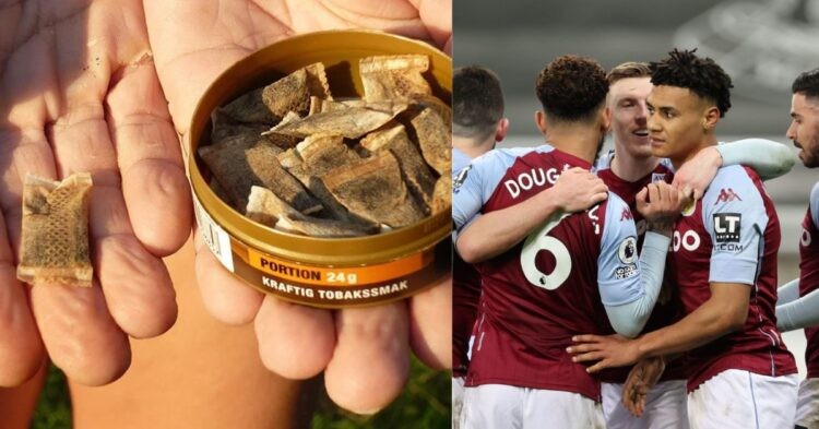 An Aston Villa substitute was caught consuming snus on camera