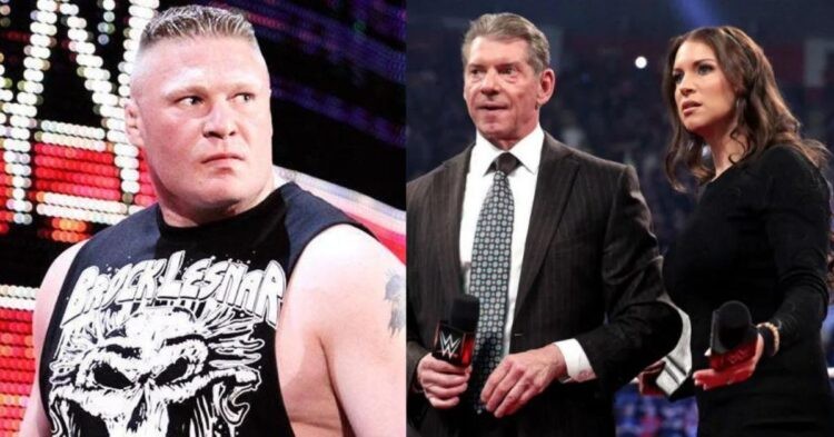 Brock Lesnar (left) and Vince McMahon and Stephanie McMahon (right) (Credit: Bleacher Report and Sportzwiki)
