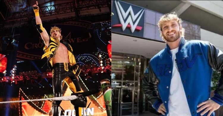 Logan Paul WWE entrance (left) Logan Paul at WWE HQ (right) (Credit: WWE and Sportzwiki)