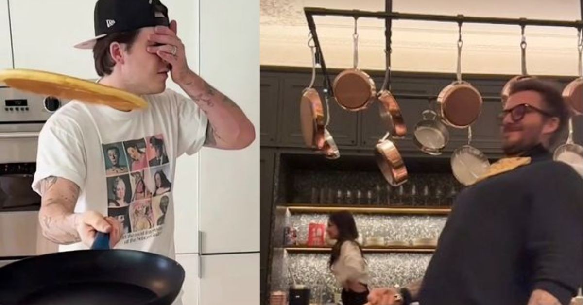 Brooklyn and David Beckham show-off their pancake tossing skills