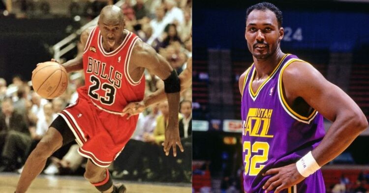 Karl Malone and Michael Jordan on the court