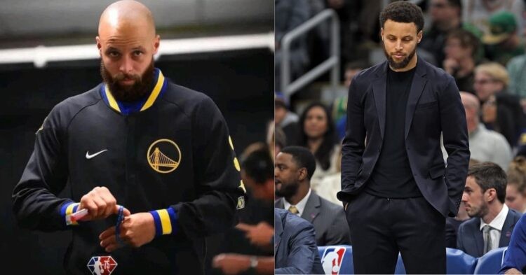 Stephen Curry bald and on the court