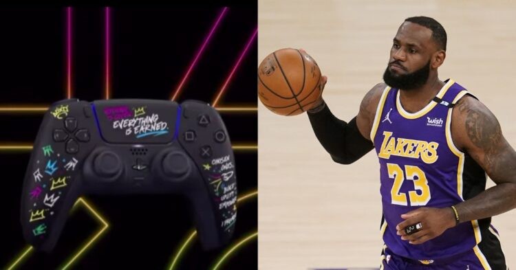 LeBron James on the court and his limited edition controller with PlayStation