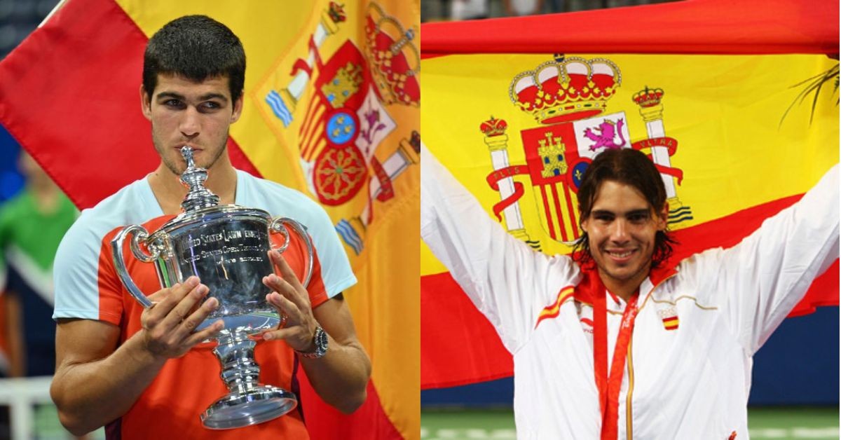Carlos Alcaraz and Rafael Nadal with their flags (Credits: beIN sports, Tennis World)