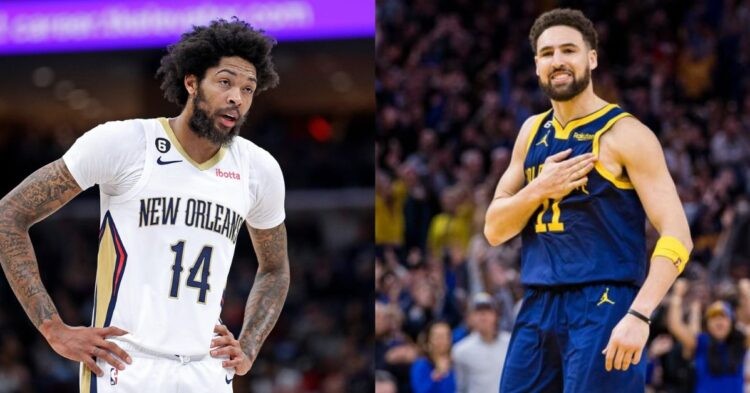 Golden State Warriors' Klay Thompson and New Orleans Pelicans' Brandon Ingram on the court