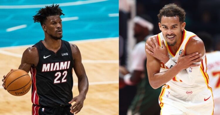 Atlanta Hawks' Trae Young and Miami Heat's Jimmy Butler on the court