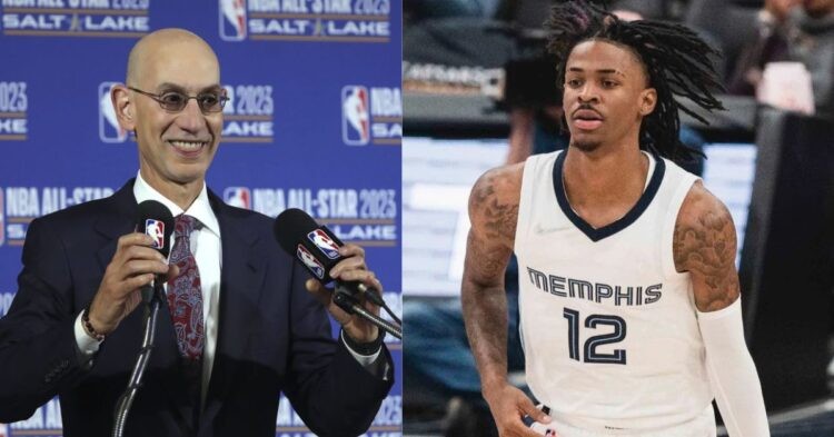 NBA commissioner Adam Silver being interviewed and Ja Morant on the court
