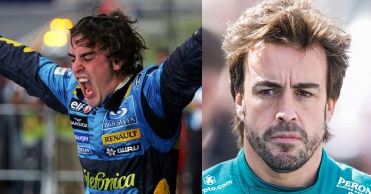 Fernando Alonso after winning the WDC with Renault (left) , Alonso in 2023 (right) (Credit- F1, PlanetF1)