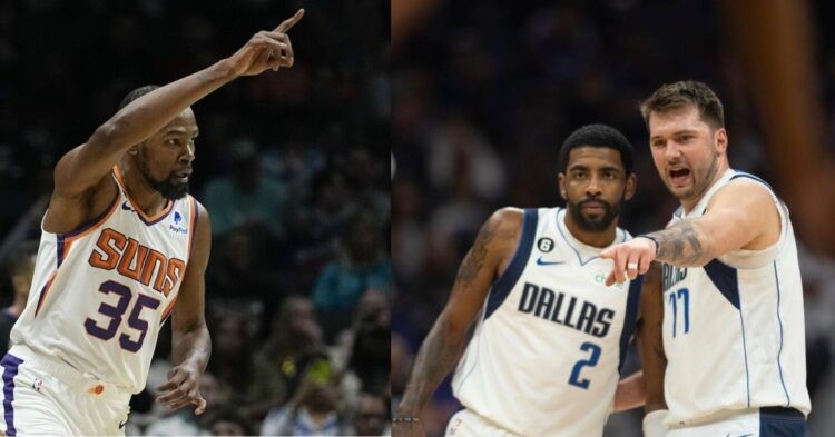 Phoenix Suns' Kevin Durant and Dallas Mavericks' Kyrie Irving and Luka Doncic on the court