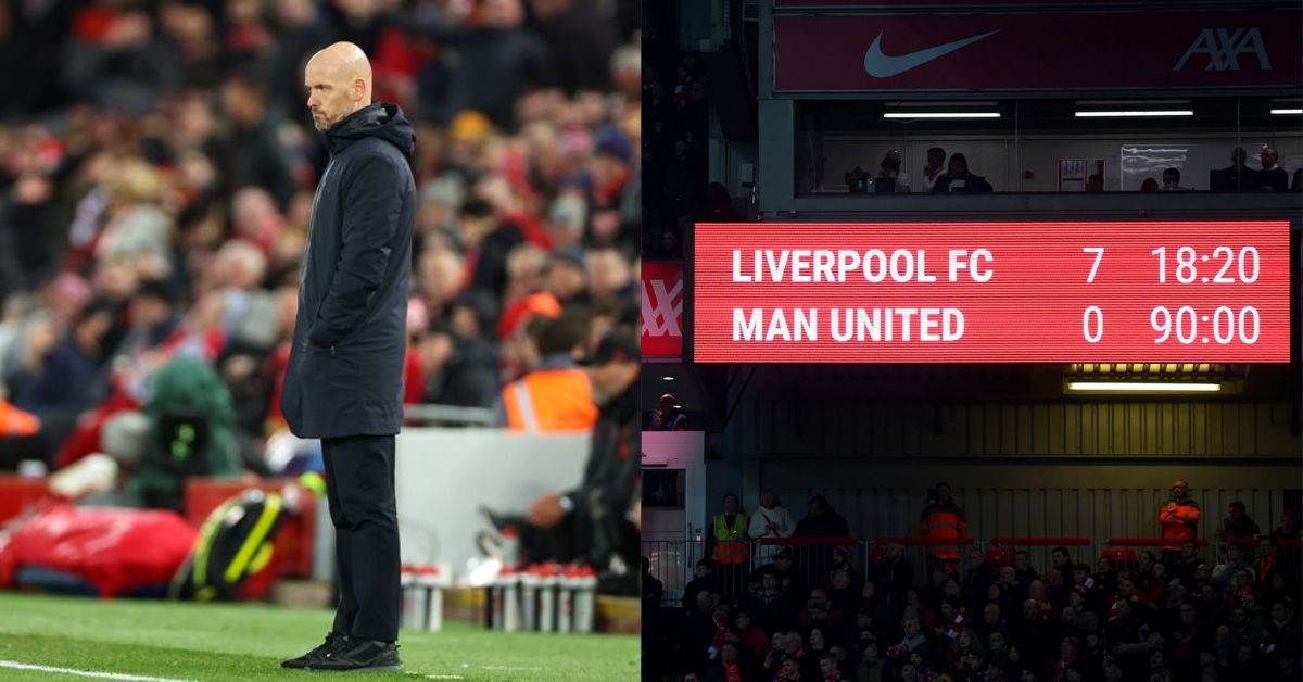 A distraught looking Erik ten Hag as Manchester United lose 7-0 to Liverpool