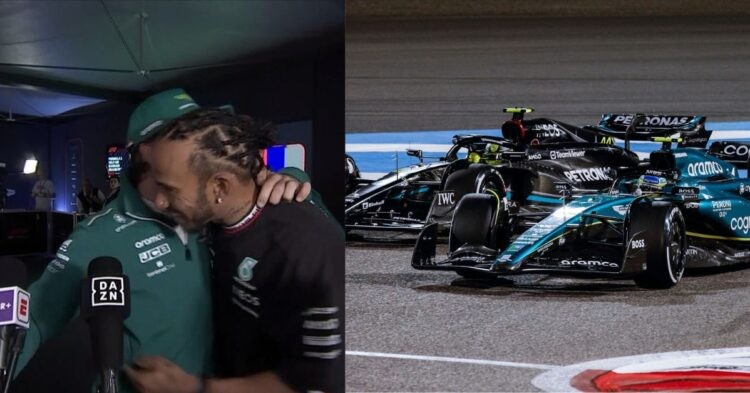 Lewis Hamilton embraces Fernando Alonso after congratulating the latter on his 99th podium (left) , Fernando Alonso's AMR23 vs Hamilton's W14 (Credit- Twitter, PlanetF1)