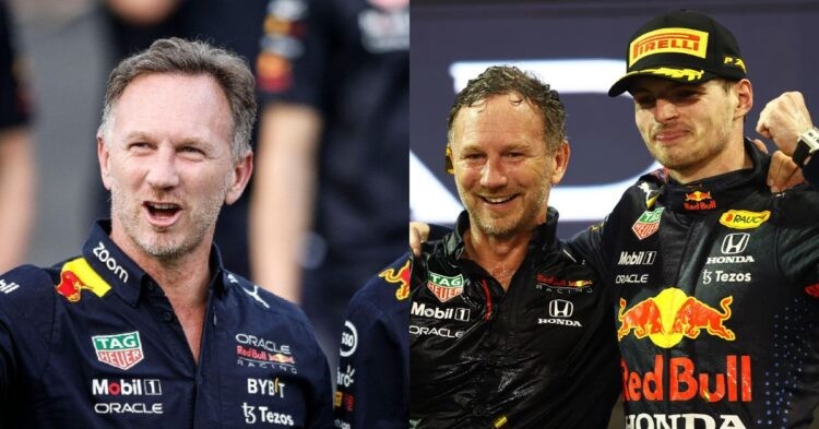Red Bull’s team principal Christian Horner (left), Horner and Verstappen on podium(right) (Credit- Planet Sports, British GQ)