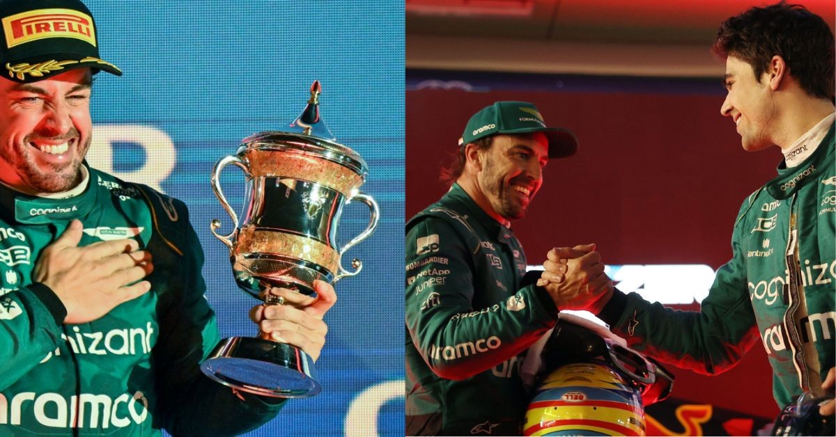 Fernando Alonso on Podium at the Bahrain Grand Prix 2023 (left) , Lance Stroll shaking hands with teammate Fernando Alonso (right) (Credit- F1, PlanetF1)