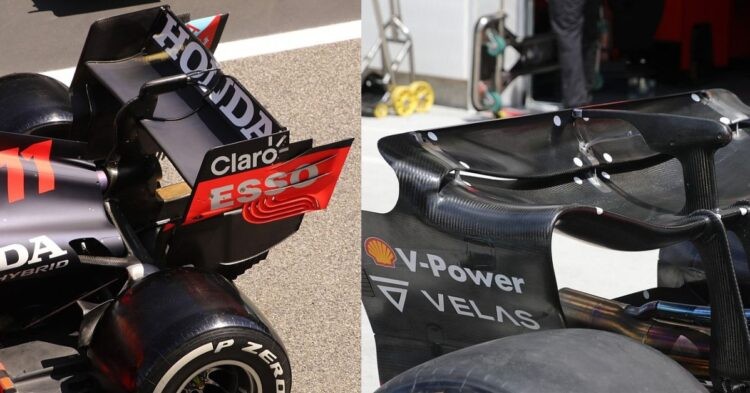 Red Bull (left) and Ferrari (right) rear wings and DRS flap. (Credit- Motosport.com)